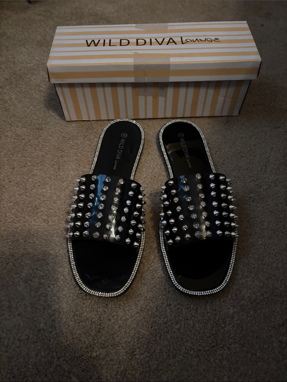 Wild Diva Black Studded Slide Sandals with Rhinestone Trim - Picture 2 of 5